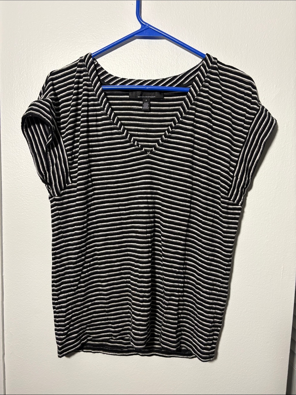 White House Black Market Black & White Striped V-Neck Tee